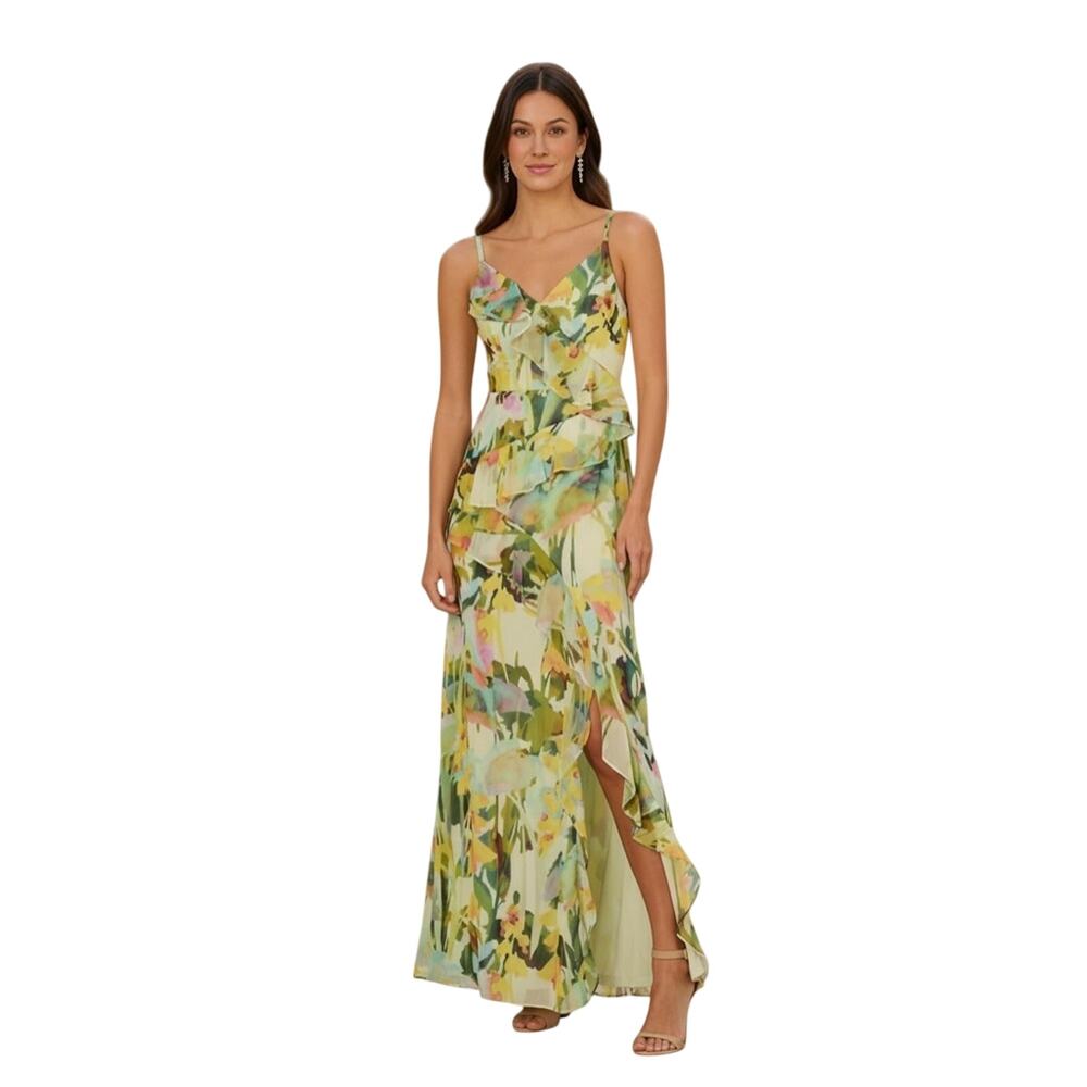 Adrianna Papell $199 Floral Printed Strap Cascade Gown Maxi Size 14